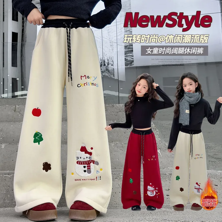 女童冬季加绒加厚休闲卫裤2026新款中大童圣诞款时尚卡通保暖卫裤