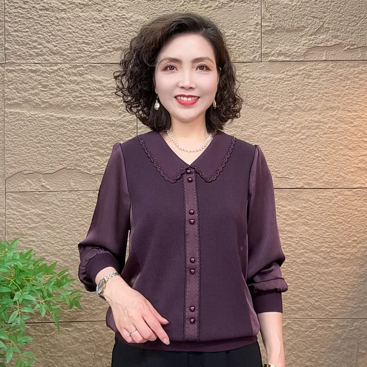 秋季新款气质中老年洋气妈妈休闲翻领纯色显瘦流光风时尚长袖上衣