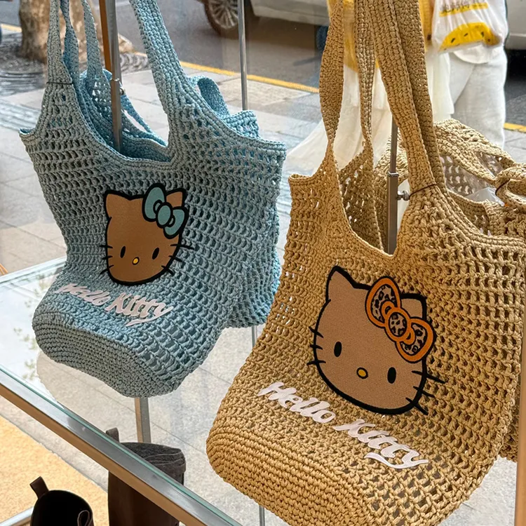 夏季新款Hello Kitty度假风可爱卡通单肩编织女包韩版草编托特包