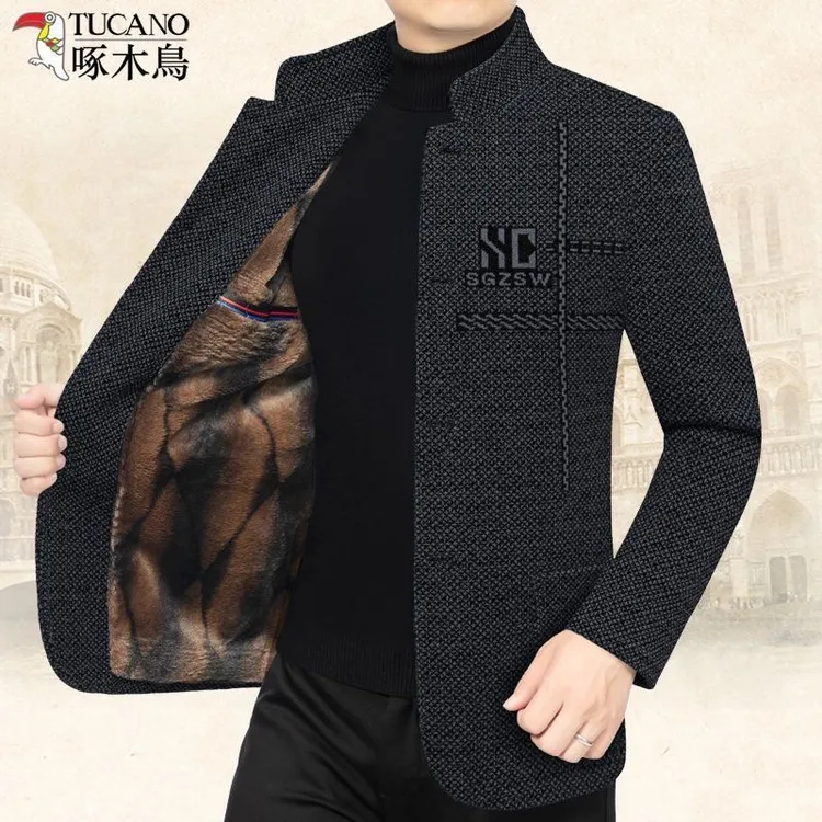 啄木鸟男士秋冬立领毛呢大衣夹克正品加绒外套潮流百搭中山装上衣