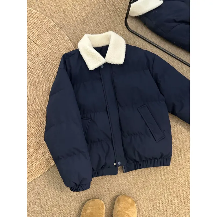 藏青色翻领羊羔绒棉衣男冬季加厚保暖棉袄高级感cleanfit棉服外套