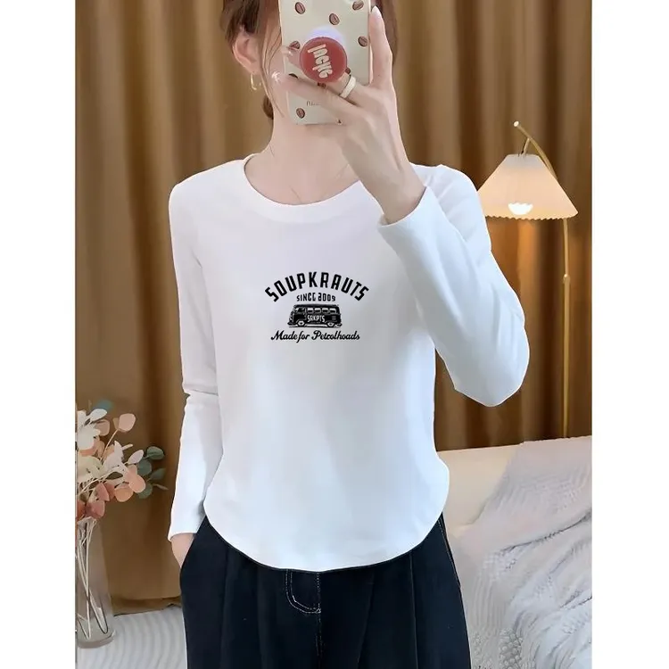 新款T恤女纯棉2025春秋长袖百搭圆领秋季打底衫上衣舒适女款显瘦