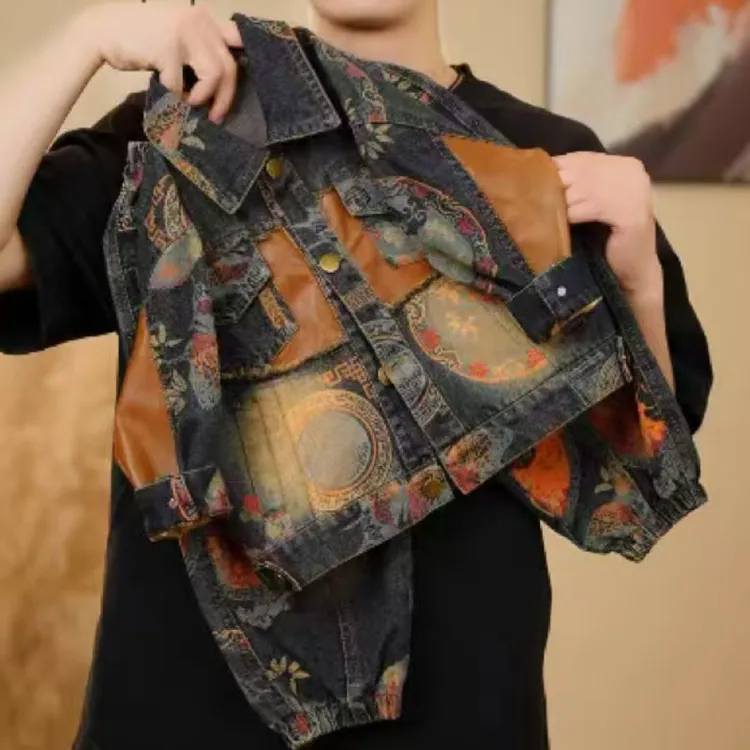 春秋常规碎花印花单排扣套装复古中国风时尚扎染牛仔男童女童套装