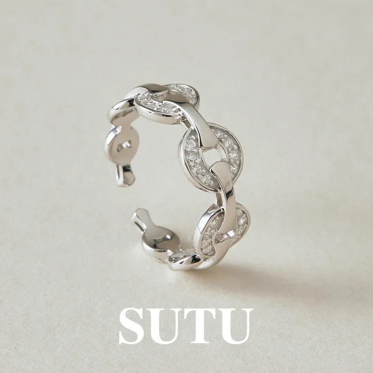 925银合成锆石戒指 钱币戒指精致小众设计开口戒食指戒高级感指环