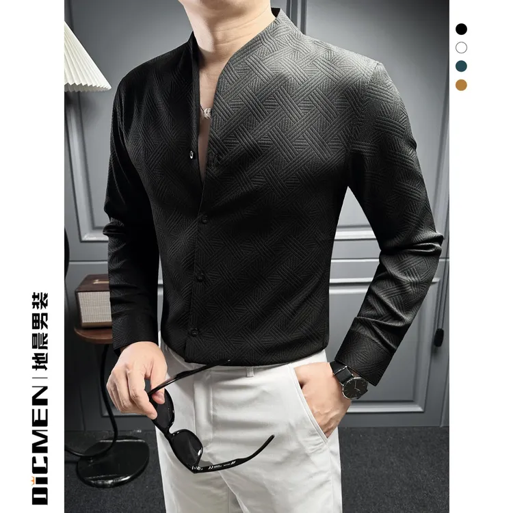 编织格纹男士长袖衬衫时尚帅气高级感男装秋季新款无领口休闲衬衣