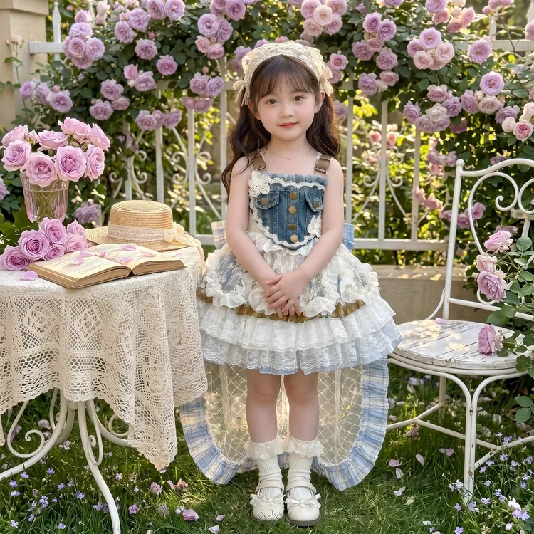 女童夏季2026新款牛仔拼接洛丽塔女孩公主裙洋气甜美生日礼服裙