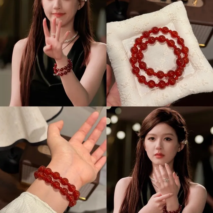 许妍露思同款天然红玛瑙双圈手链显白高级小众简约百搭首饰礼物