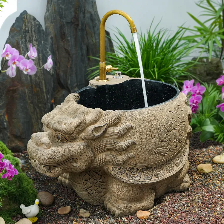 中式庭院户外拖把池龙龟艺术仿石洗手台花园别墅阳台洗墩布池浴室