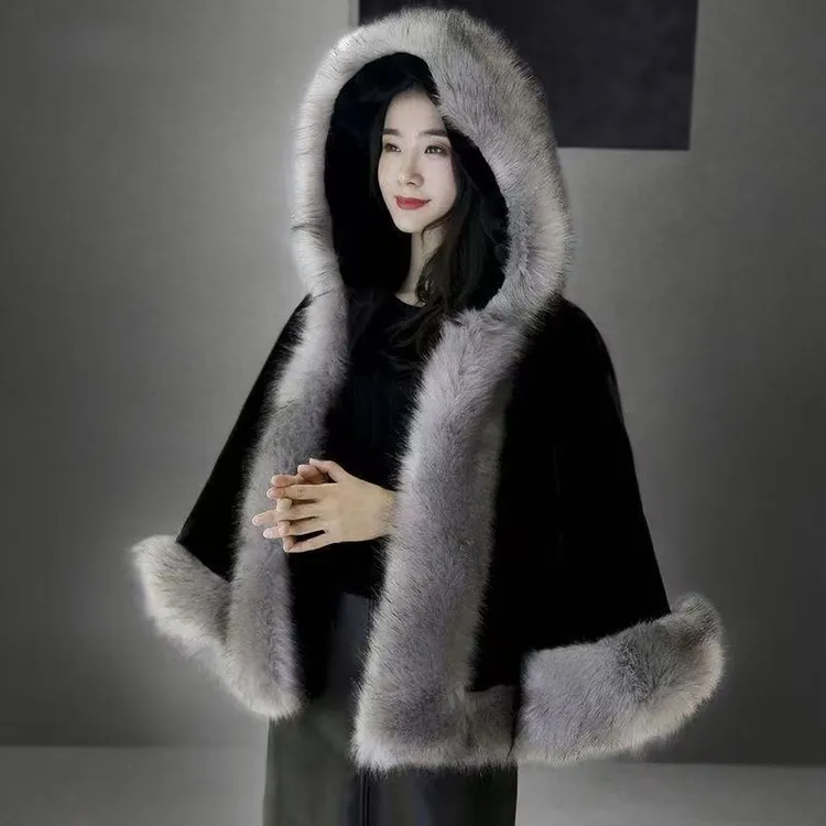 披肩成人中国风仿水貂毛斗篷连帽护肩外搭秋冬款显瘦纯色时尚百搭