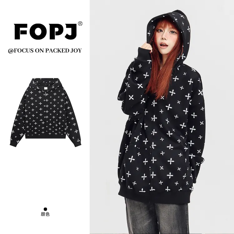 FOPJ美式复古十字架满印设计感套头拉链连帽卫衣女帽衫外套上衣