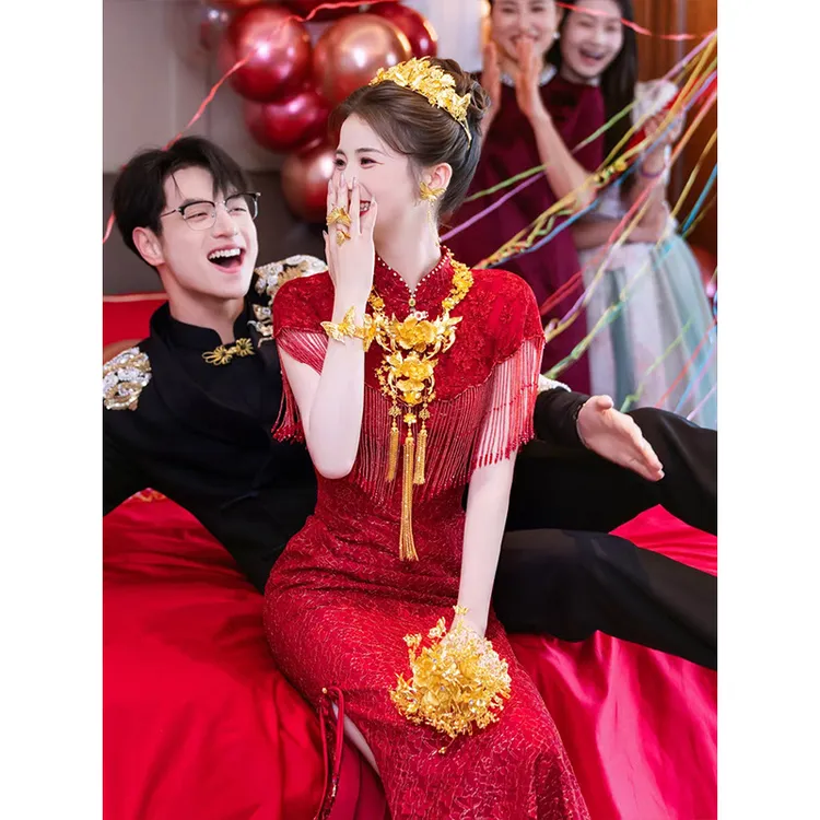 新中式敬酒服新娘酒红色订婚旗袍结婚晨袍女回门出阁宴国风高级感
