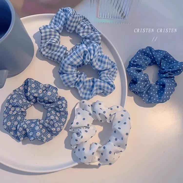 海洋蓝色系波点猪大肠发圈韩式格子头绳简约扎丸子头皮筋发饰