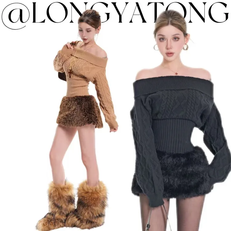 龙牙童推荐【加州信号】针织秋季短裙长袖套装韩版短款百搭秋冬加厚