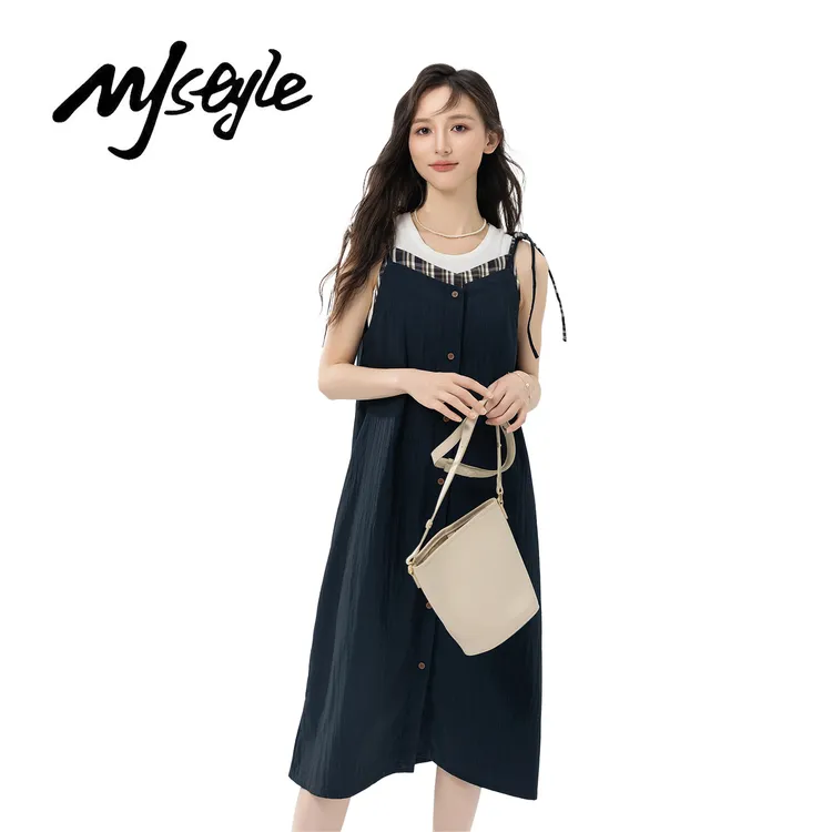 夏季日系复古格纹拼接假两件工装连衣裙小个子A字显瘦宽松吊带裙