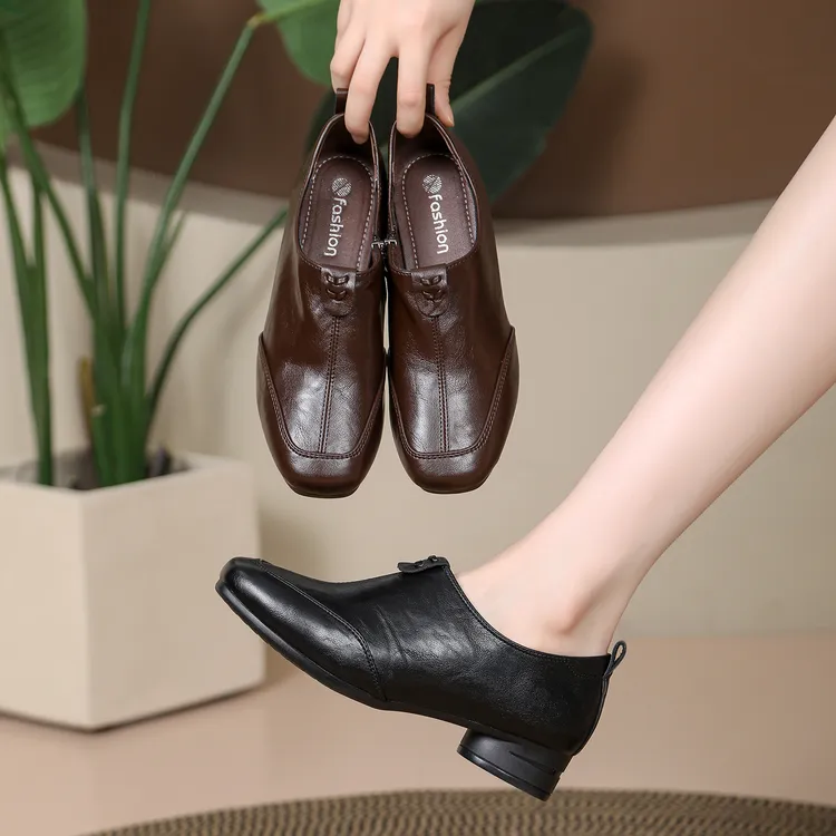 秋季新款真皮方头粗跟法式皮鞋软底单鞋舒适百搭优雅女士皮鞋
