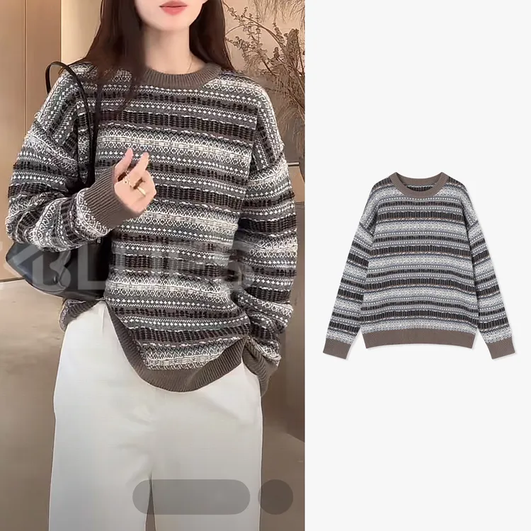 Z.blues【费尔岛礼物】气质百搭复古条纹撞色提花针织毛衣YZBJY8996