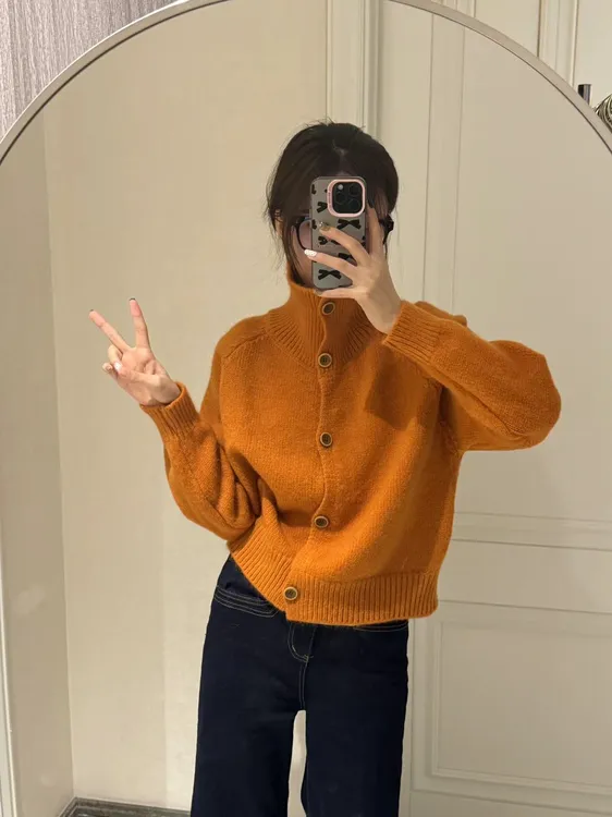 2025春秋冬季新款韩系复古立领单排纽扣毛衣女小个子短款针织开衫