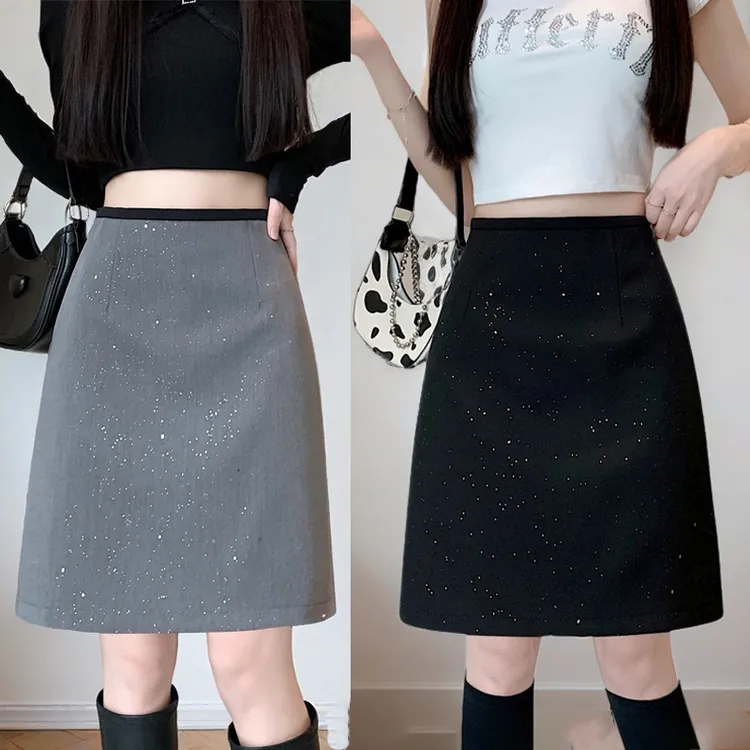 西装中裙亮片半身裙2025夏季新款高腰显瘦大码高个子A字包臀短裙