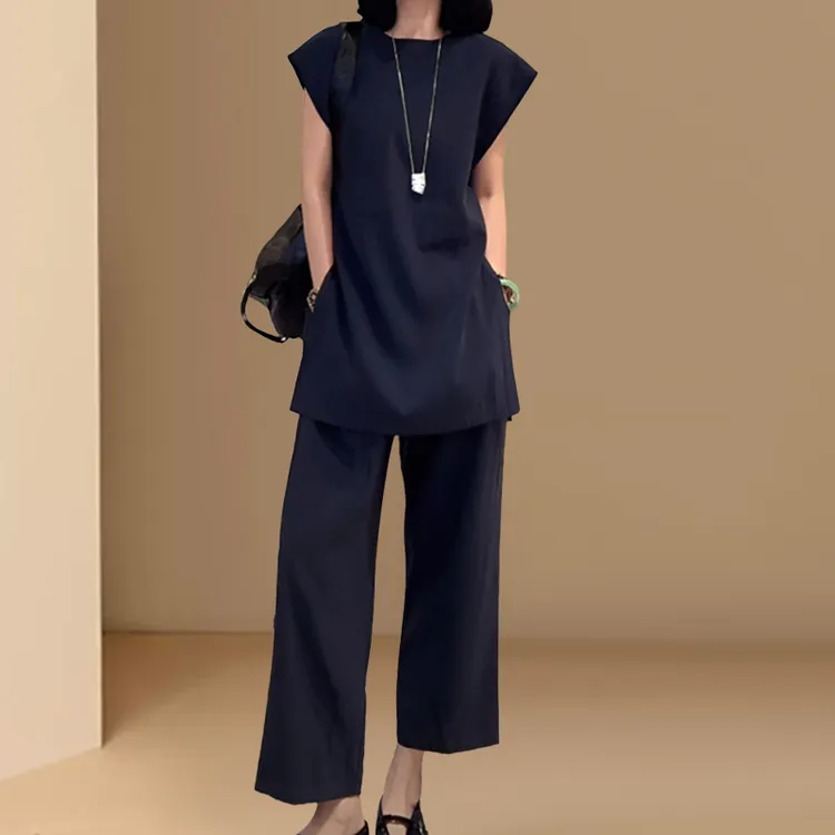 韩系休闲时尚马甲套装女夏开叉无袖宽松上衣显瘦九分阔腿裤两件套