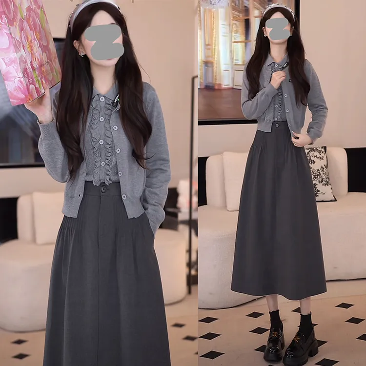 冬季穿搭一整套慵懒风套装气质高级针织外套上衣背心裙子三件套