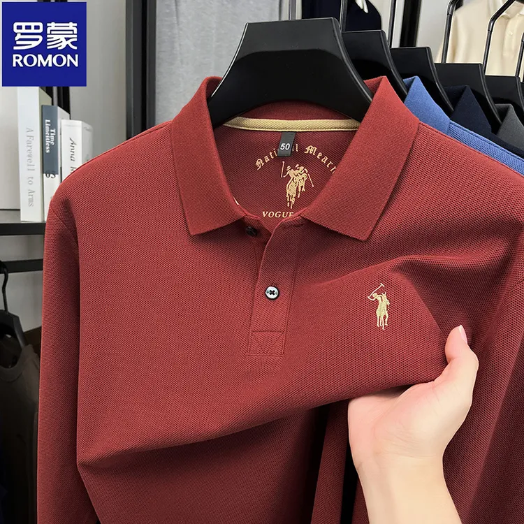【纯棉】罗蒙春秋季抗皱免烫休闲翻领全棉套头打底长袖POLO衫T恤男