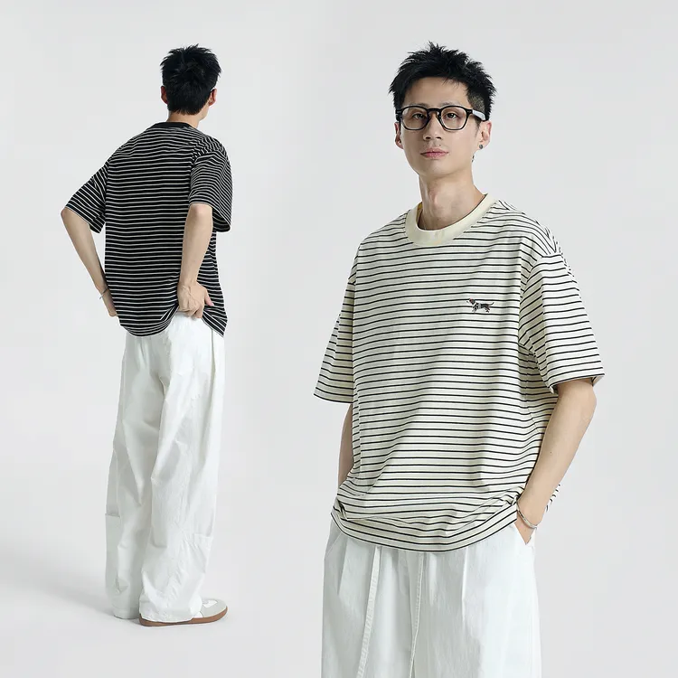 E77.GCCDUP『皮皮帕克』重磅棉氨色织条纹腊肠狗刺绣简约短袖T恤
