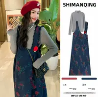 秋冬季套装韩版女装时尚针织打底衫穿搭牛仔花朵百搭背心裙两件套
