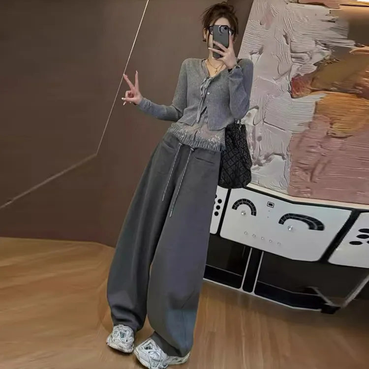2025秋季新款时尚休闲减龄套装假两件蕾丝拼接针织衫阔腿裤两件套