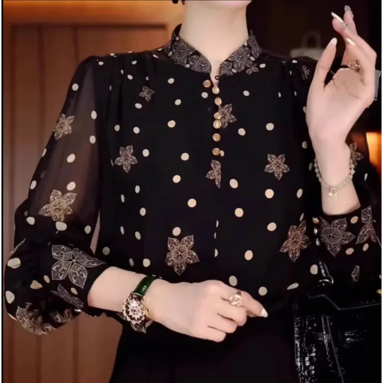 2025春秋夏印花修身款长袖波点时尚衬衫气质女士打底女装小衫0420