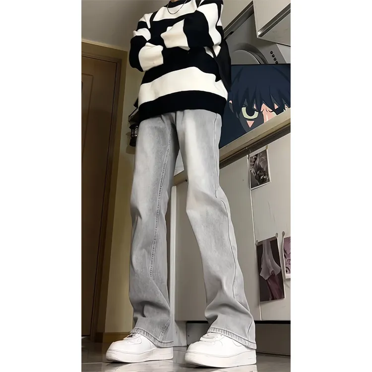 美式烟灰色弹力牛仔裤男款秋冬hiphop加绒直筒裤窄版显瘦微喇裤子