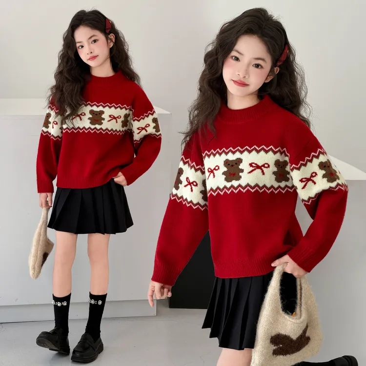 女童毛衣2026新款年服圆领中大童秋冬加厚打底针织衫红色外套上衣
