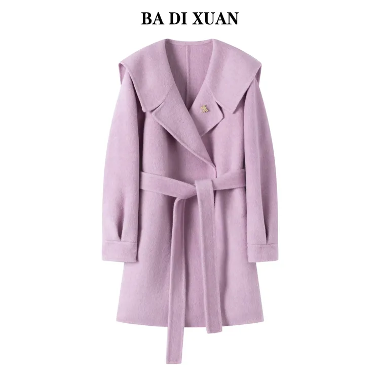 2025新款中长款双面羊毛大衣糖果色海军领系腰带秋冬外套