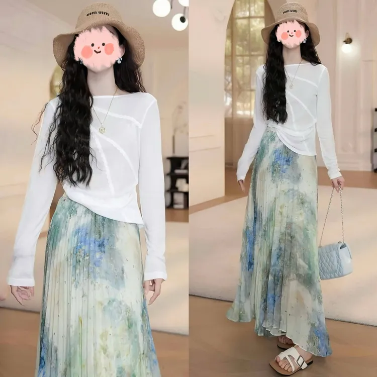 洋气衣服女2025夏季蕾丝花边长袖T恤百搭不规则半身裙气质套装女