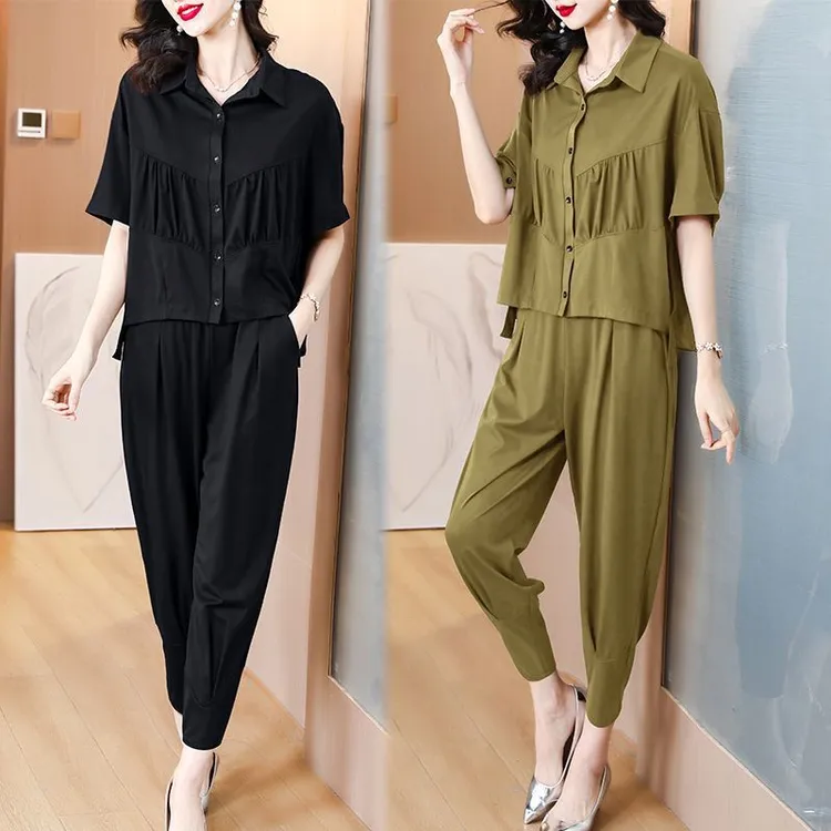 H2025夏季短袖上衣休闲显瘦开衫套装女百搭气质萝卜裤两件