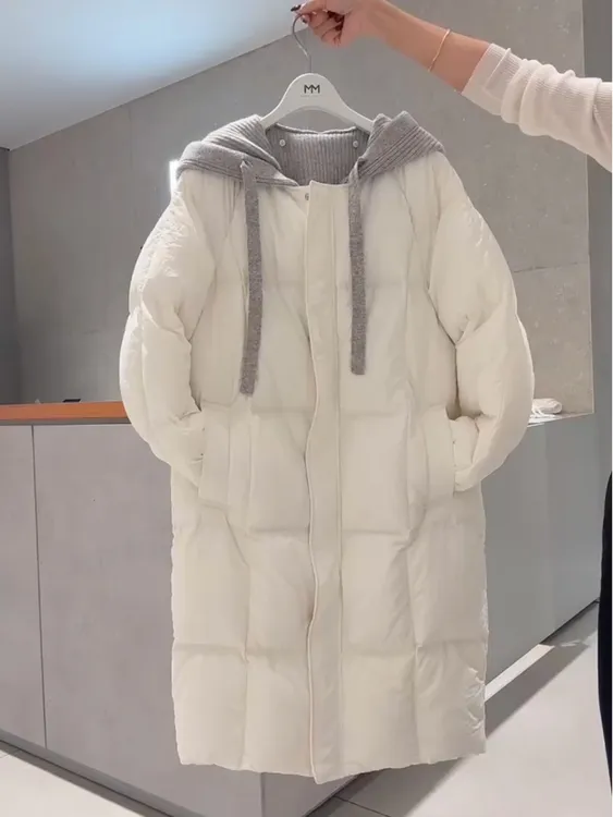 韩版针织连帽加厚保暖中长款棉服女冬季新款简约时尚宽松棉衣外套