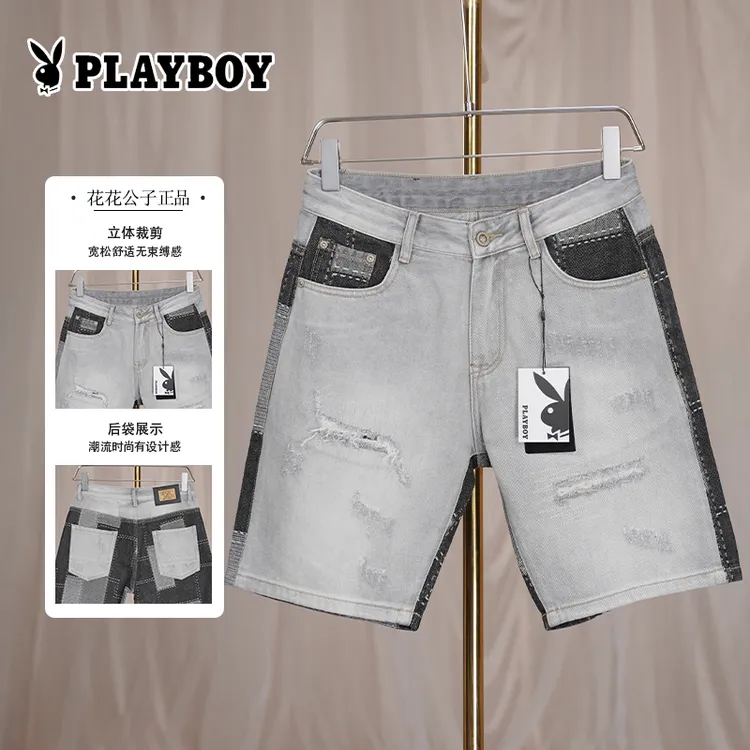 PLAYBOY/花花公子拼接牛仔短裤男士夏季宽松五分裤潮流直筒中裤