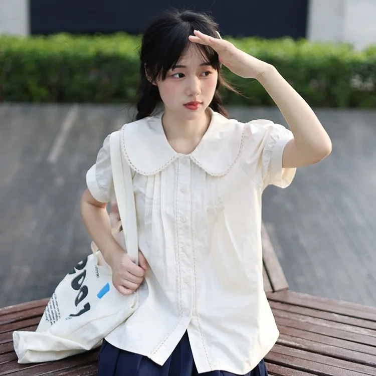 日系纯棉白色短袖衬衫女夏季学院风娃娃领上衣甜美风衬衣大码内搭