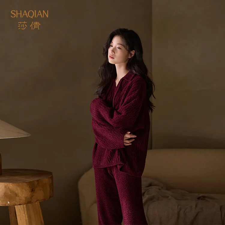 莎倩新款女半边绒睡衣秋冬季喜庆新婚红色加厚可外穿珊瑚绒家居服