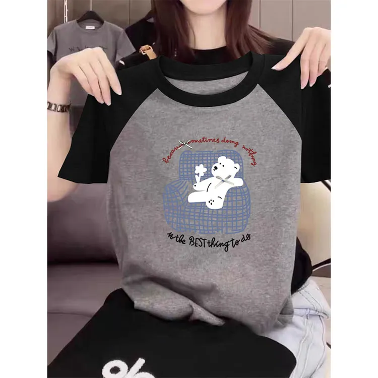 插肩袖磨毛正肩短袖t恤女时尚洋气百搭减龄显瘦黑拼灰色上衣打底