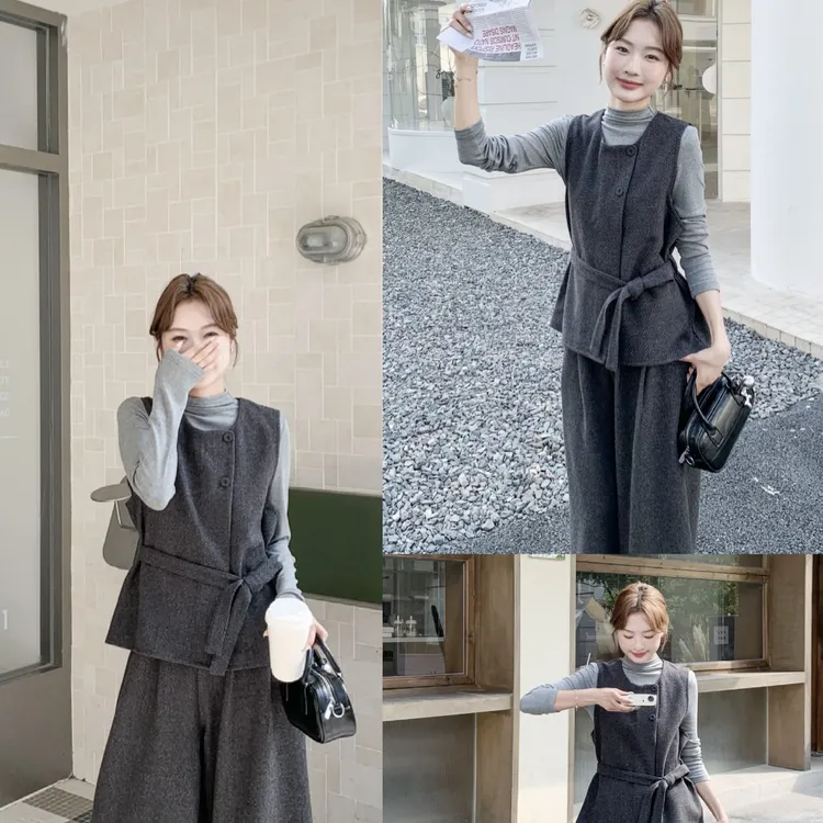 早秋轻熟风长袖T恤搭配设计感马甲与松紧腰阔腿裤套装