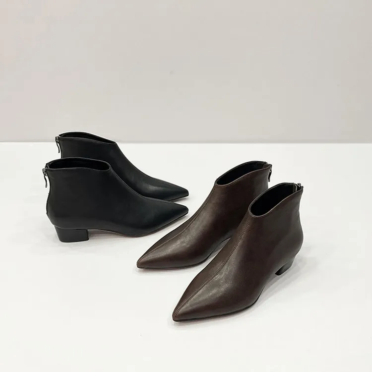 【跟高4CM】新款真皮尖头短靴女粗跟裸靴时尚百搭通勤瘦瘦靴舒适