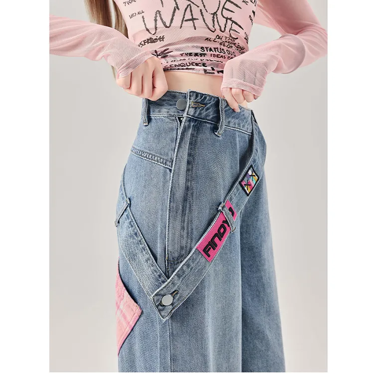 大码美式高街侧拉链牛仔裤女春季2025新款拼接撞色高腰直筒阔腿裤