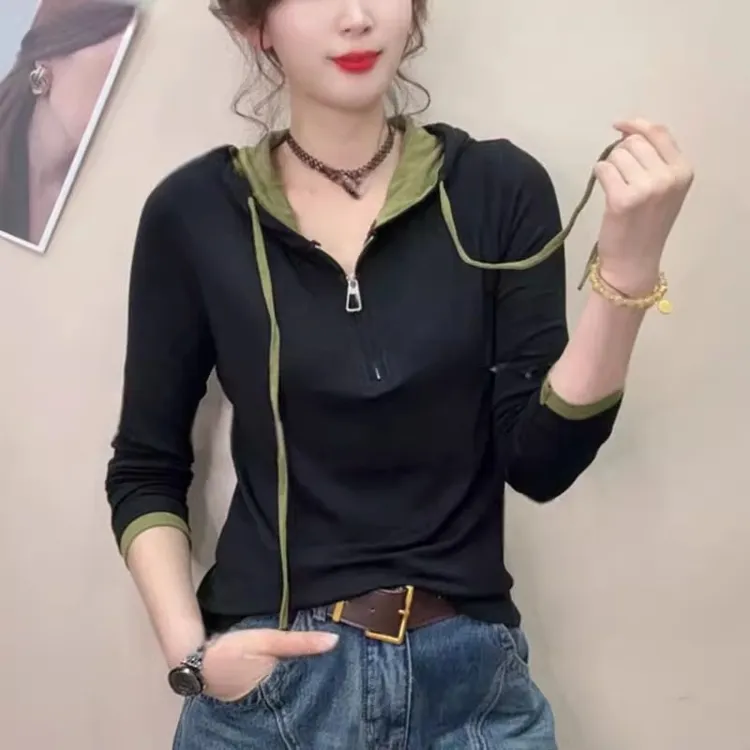连帽拼色长袖卫衣女2025秋季新款韩版休闲时尚洋气百搭显瘦上衣潮