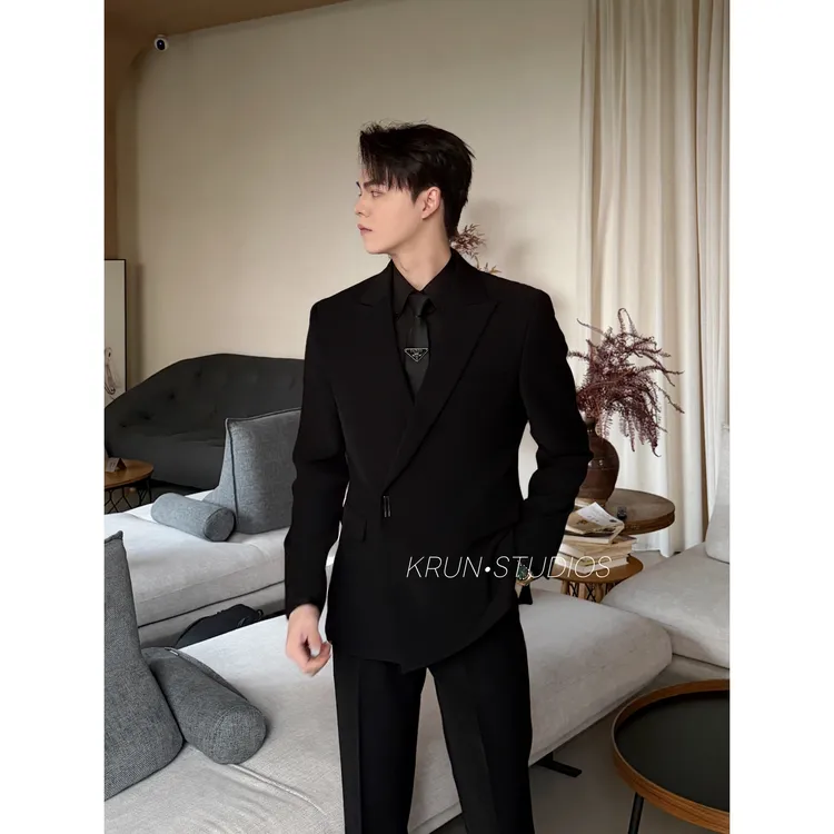 【KRUN】四季新款潮流简约高级感高定设计感西装外套直筒西裤套装男
