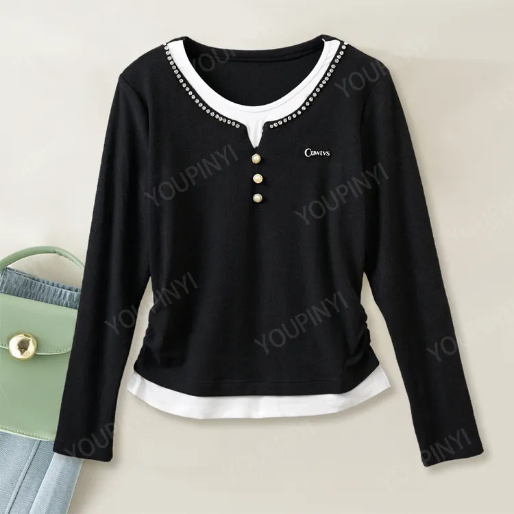 打底衫上衣女2025秋冬新款钉珠纽扣假两件拼接设计感百搭休闲上衣