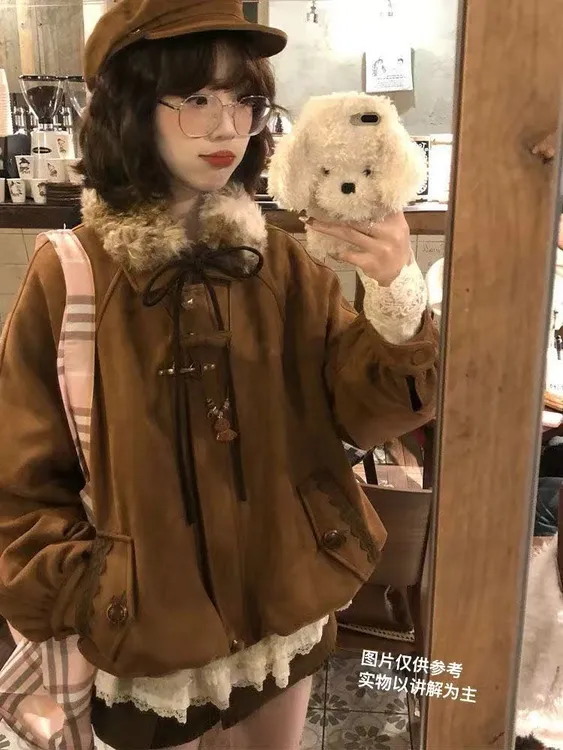 日系复古秋冬蝴蝶结花苞外套ootd穿搭叠穿一整套外套上衣两件套