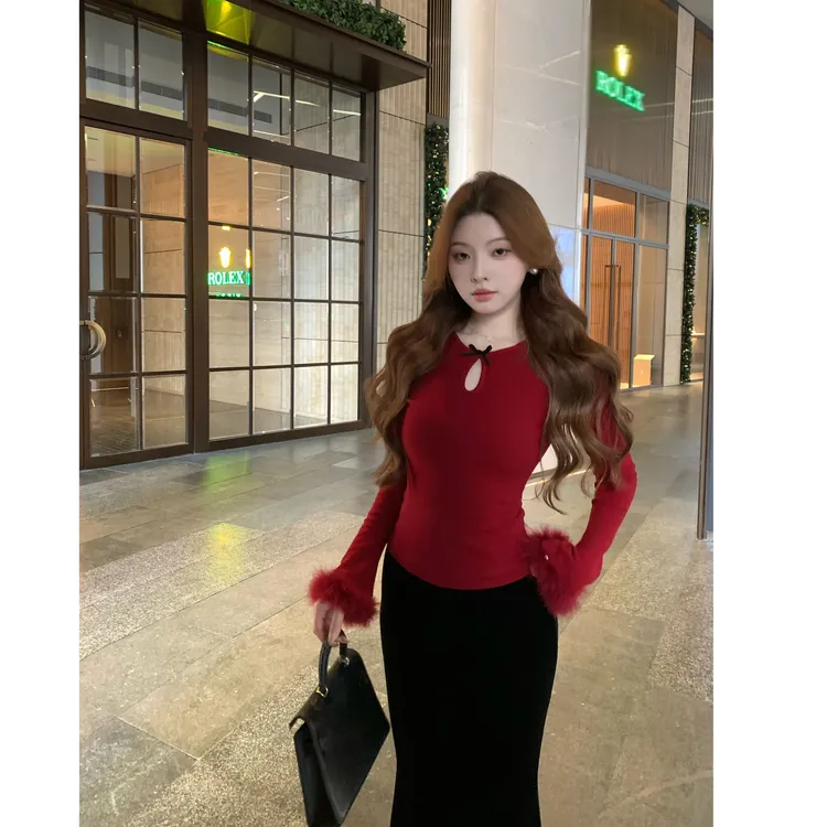 SZA【鎏金旧梦】冬季新款小蝴蝶结镂空毛毛袖打底内搭针织衫A-2514