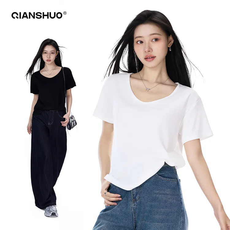 千朔大U领正肩t恤女恋夏风白色短袖大领口宽松显瘦舒适内搭上衣
