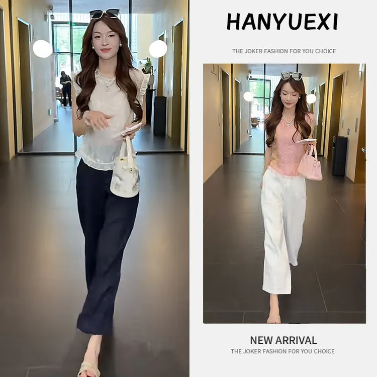 夏季时尚一整套女装2025新款洋气木耳边短袖衬衫百搭休闲裤两件套