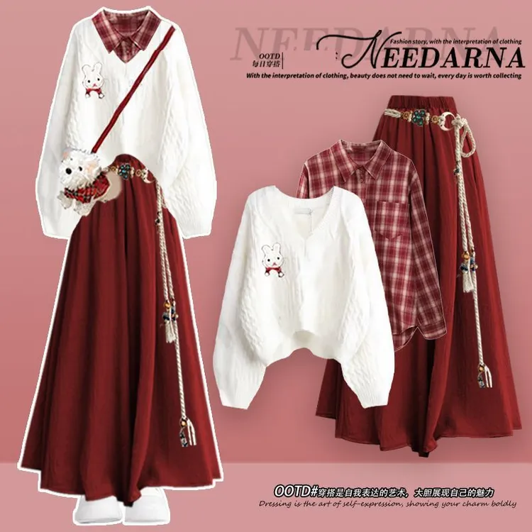 圣诞富家千金miu系穿搭针织连衣裙巨好看的冬装新年战袍红色裙子